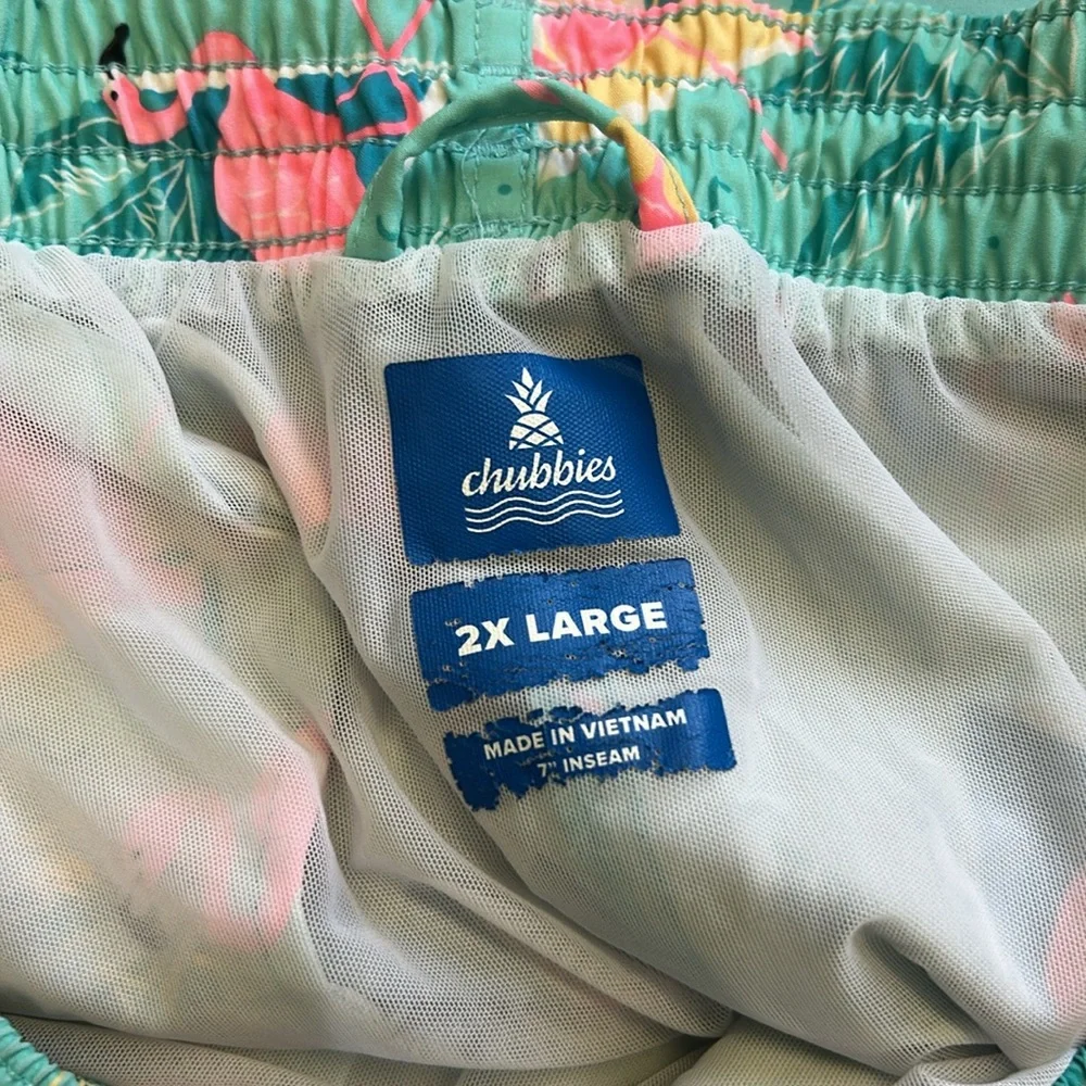Chubbies Men’s Flamingo Swim Trunks w/Elastic‎ Band Blue/Pink Mesh Liner 2X
